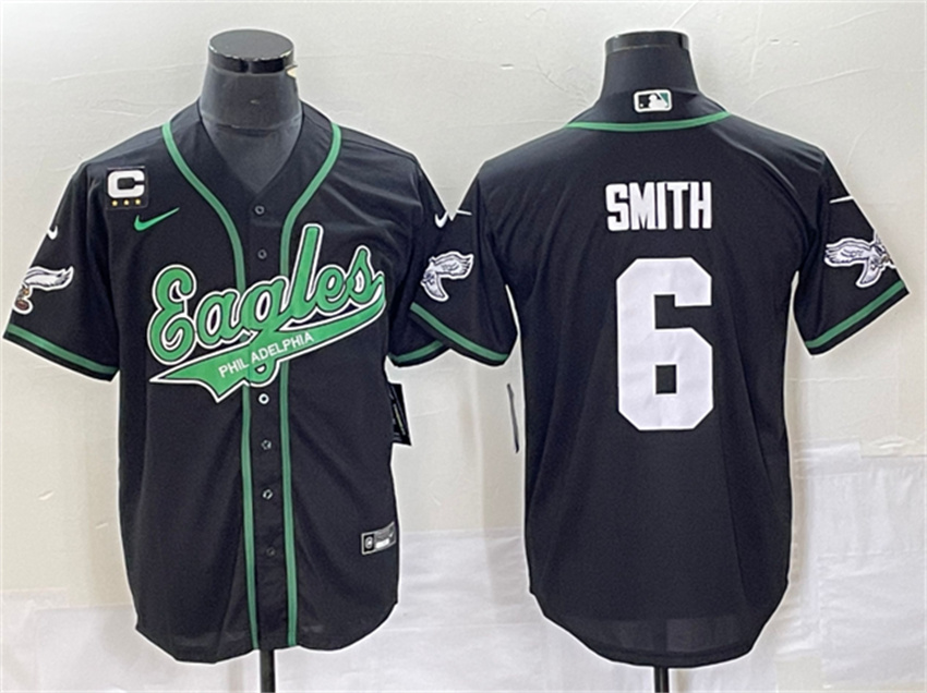 Men's Black Philadelphia Eagles #6 DeVonta Smith With C Patch Cool Base Stitched Baseball Jersey